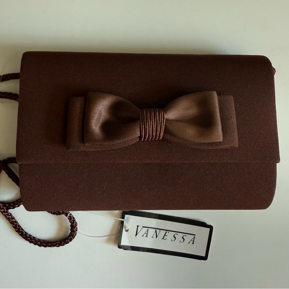 New Vintage Chocolate Brown Clutch Purse Handbag Bow Evening 90s Vanessa